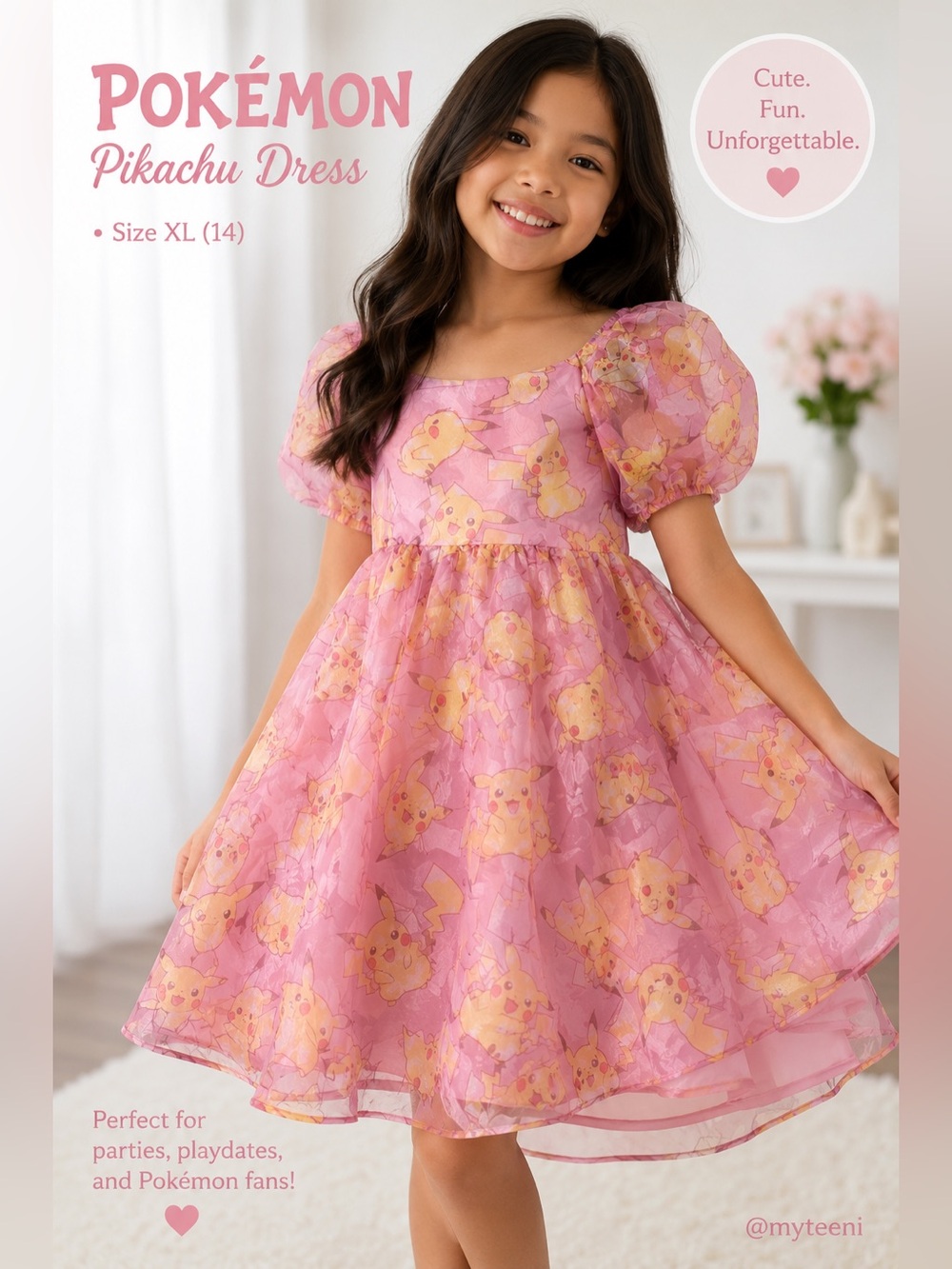 ⚡️🩷 Pokemon Pikachu Pink Puff Sleeve Dress